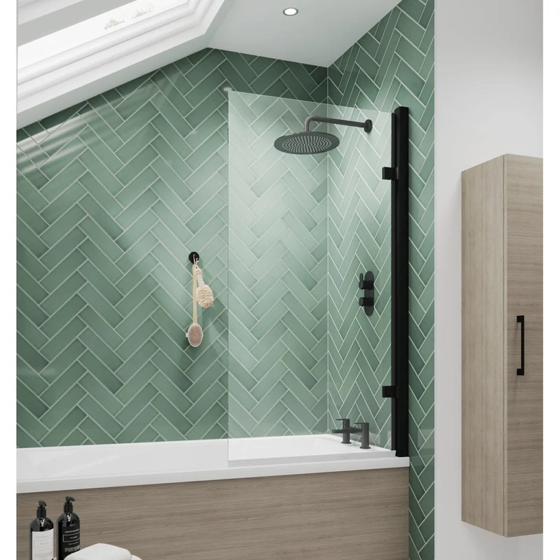 Nuie Square Hinged Bath Screen - 8mm Contemporary Matt Black Aluminium 1520x830x24mm