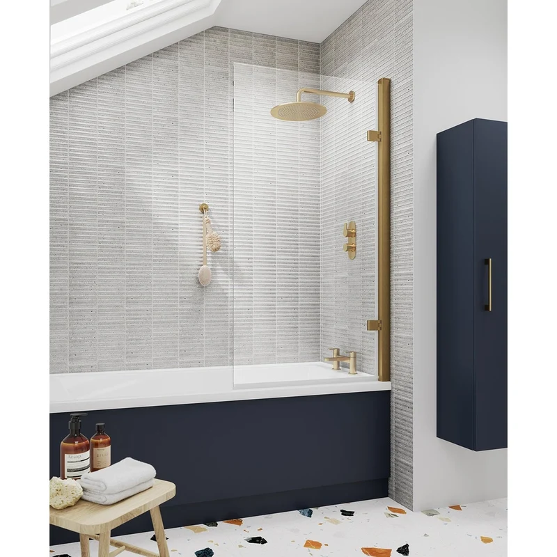 Nuie Pacific Square Hinged Bath Screen Contemporary Brushed Brass Aluminium 1520x830x24mm