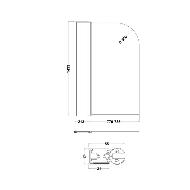 Nuie Round Bath Screen With Fixed Panel Contemporary Chrome Aluminium 1433x998x24mm