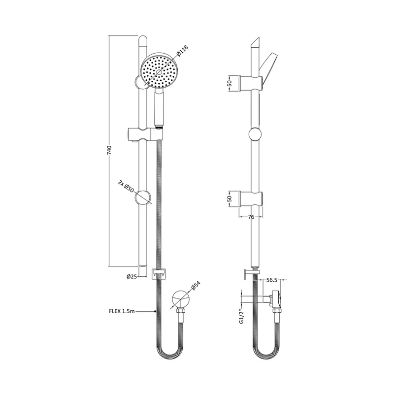 Nuie Slide Rail Kit Contemporary Chrome Brass ABS 740x96x76mm
