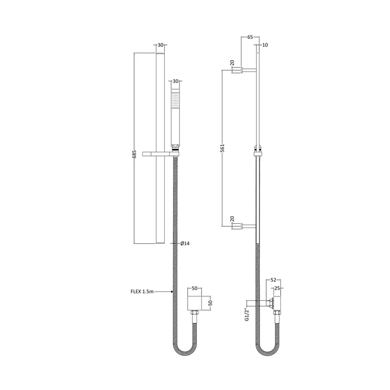 Nuie Square Slider Rail Kit With Ebow Contemporary Brushed Pewter Brass 685x129x65mm