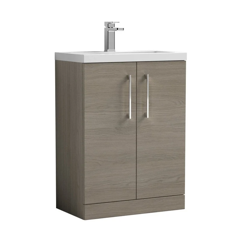 Nuie Arno Compact 600mm Floor Standing 2 Door Vanity & Ceramic Basin Contemporary Solace Oak MFC Textured Woodgrain 840x620x360mm
