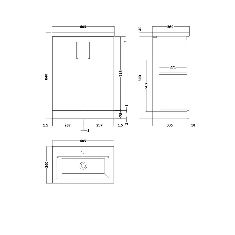 Nuie Arno Compact 600mm Floor Standing 2 Door Vanity & Ceramic Basin Contemporary Solace Oak MFC Textured Woodgrain 840x620x360mm