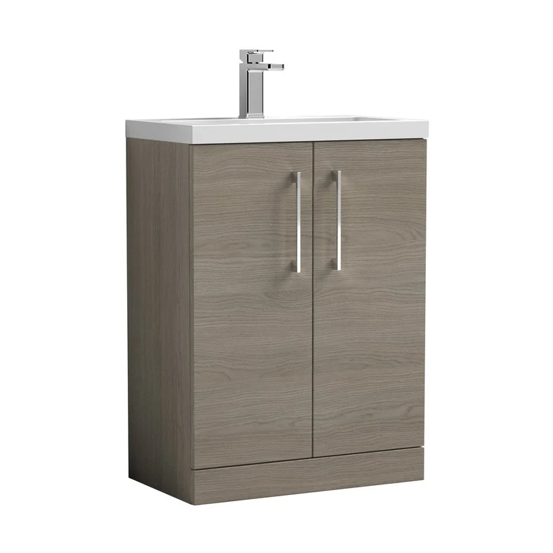Nuie Arno Compact 600mm Floor Standing 2 Door Vanity & Polymarble Basin Contemporary Solace Oak MFC Textured Woodgrain 840x603x353mm