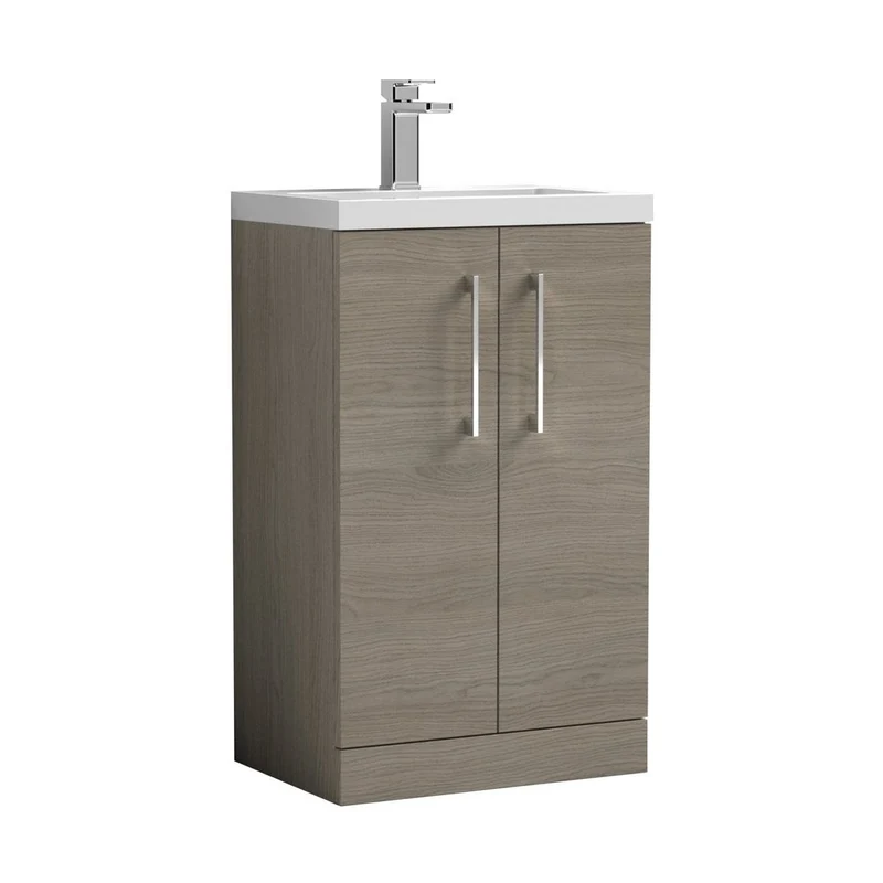 Nuie Arno Compact 500mm Floor Standing 2 Door Vanity & Polymarble Basin Contemporary Solace Oak MFC Textured Woodgrain 840x503x353mm