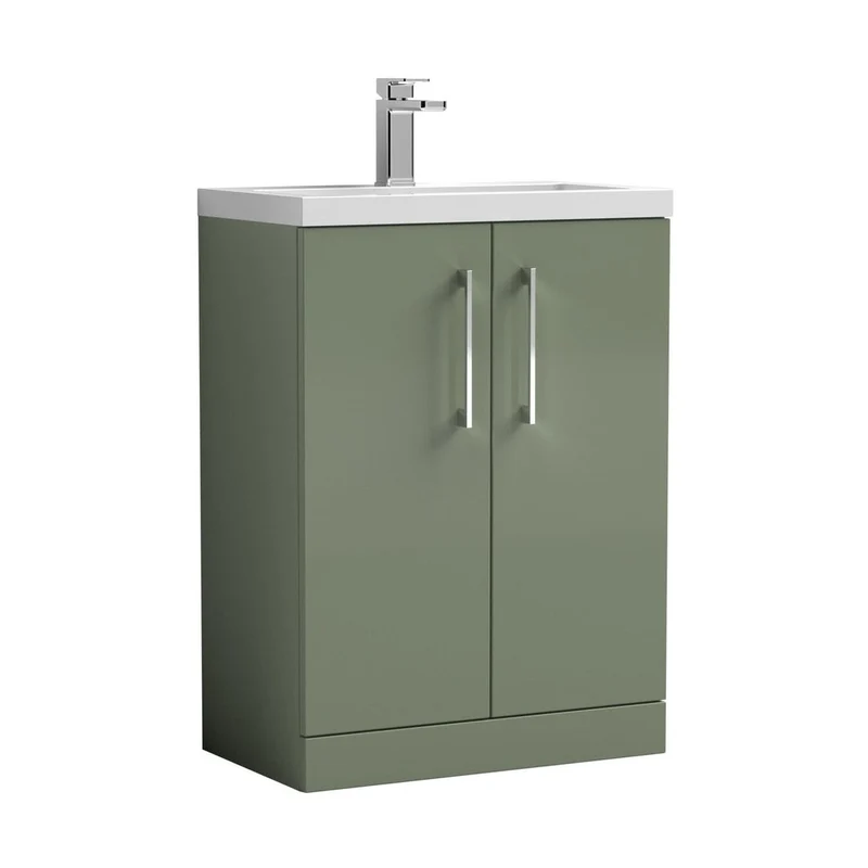 Nuie Arno Compact 600mm Floor Standing 2 Door Vanity & Ceramic Basin Contemporary Satin Green MFC Painted Matt 840x620x360mm