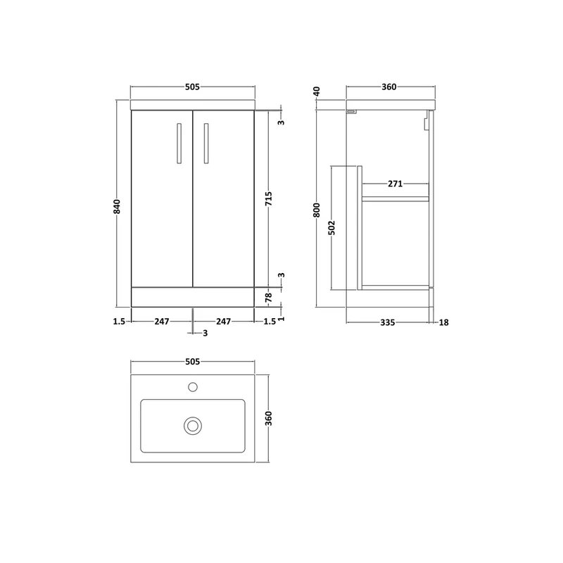 Nuie Arno Compact 500mm Floor Standing 2-door Vanity & Polymarble Basin Contemporary Midnight Blue MFC Painted Matt 840x503x353mm