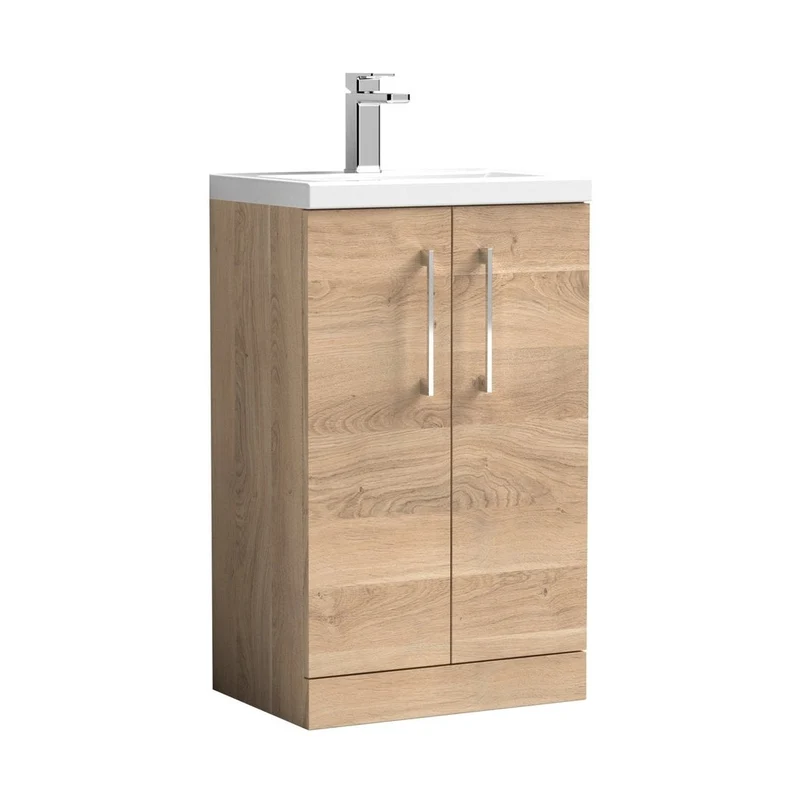 Nuie Arno Compact 500mm Floor Standing 2-door Vanity & Polymarble Basin Contemporary Bleached Oak MFC Textured Woodgrain 840x503x353mm