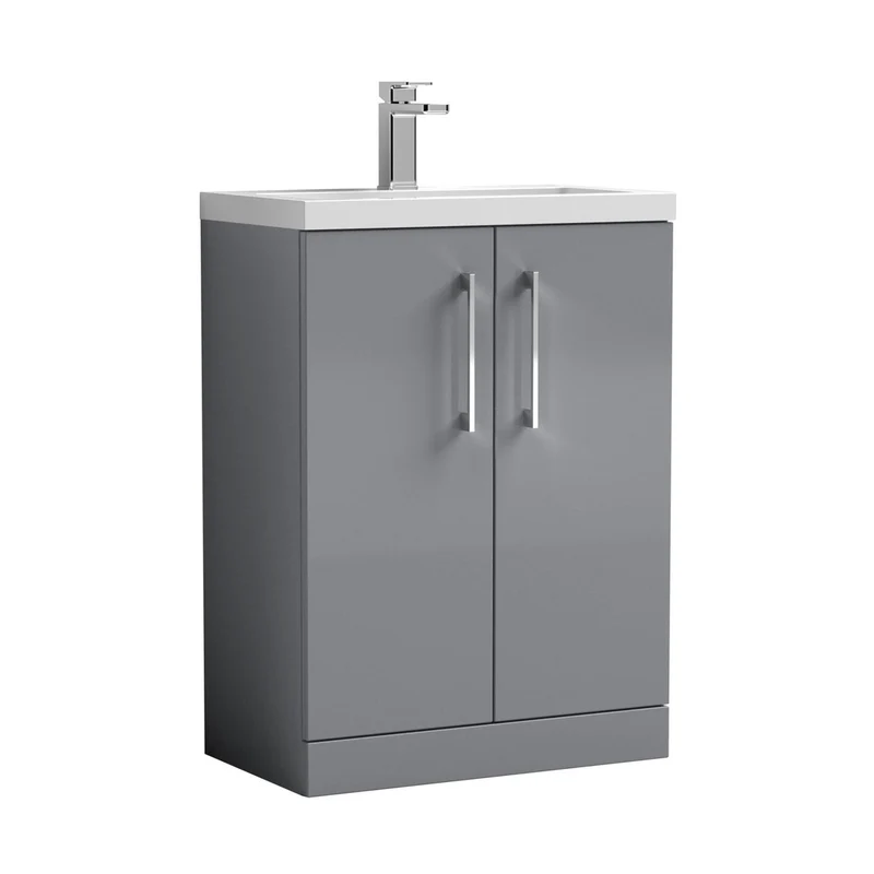 Nuie Arno Compact 600mm Floor Standing 2-door Vanity & Ceramic Basin Contemporary Satin Grey MFC Painted Matt 840x620x360mm