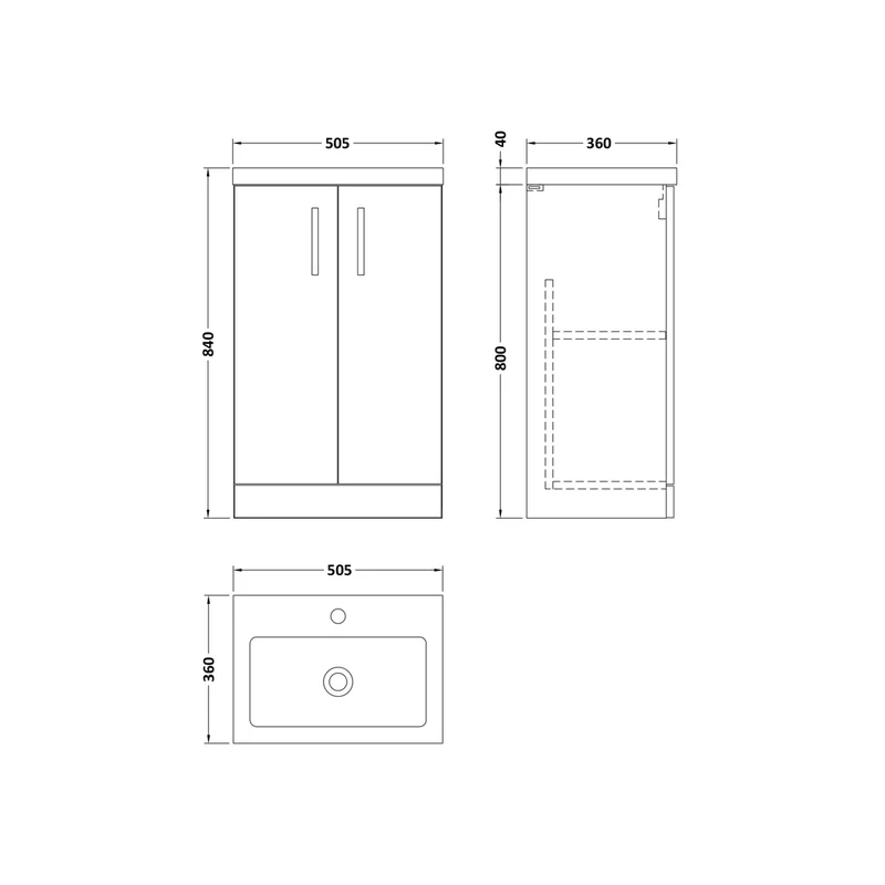 Nuie Arno Compact 500mm Floor Standing 2-door Vanity & Polymarble Basin Contemporary Satin Grey MFC Painted Matt 840x505x360mm