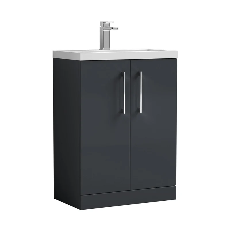 Nuie Arno Compact 600mm Floor Standing 2-door Vanity & Ceramic Basin Contemporary Soft Black MFC Painted Matt 840x620x360mm
