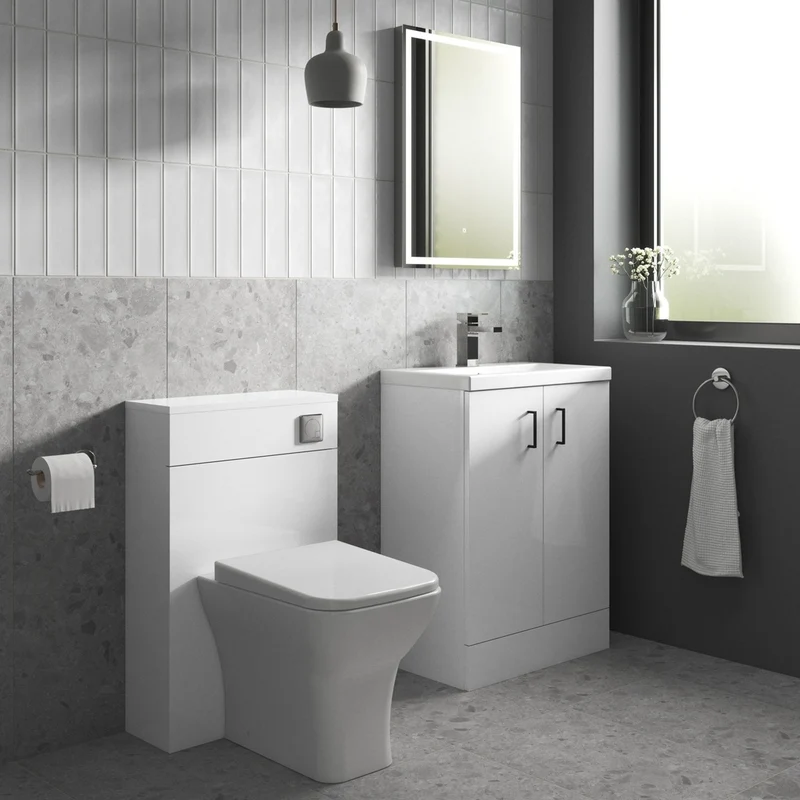 Nuie Arno Compact 600mm Floor Standing 2-door Vanity & Ceramic Basin Contemporary Gloss White MFC Painted Gloss 840x620x360mm
