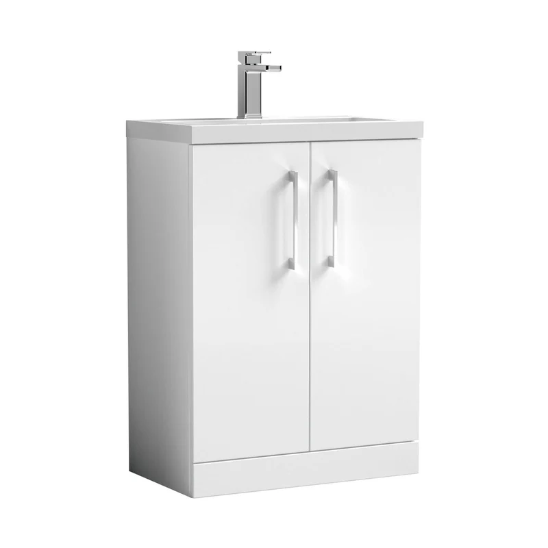 Nuie Arno Compact 600mm Floor Standing 2-door Vanity & Polymarble Basin Contemporary Gloss White MFC Painted Gloss 840x605x360mm