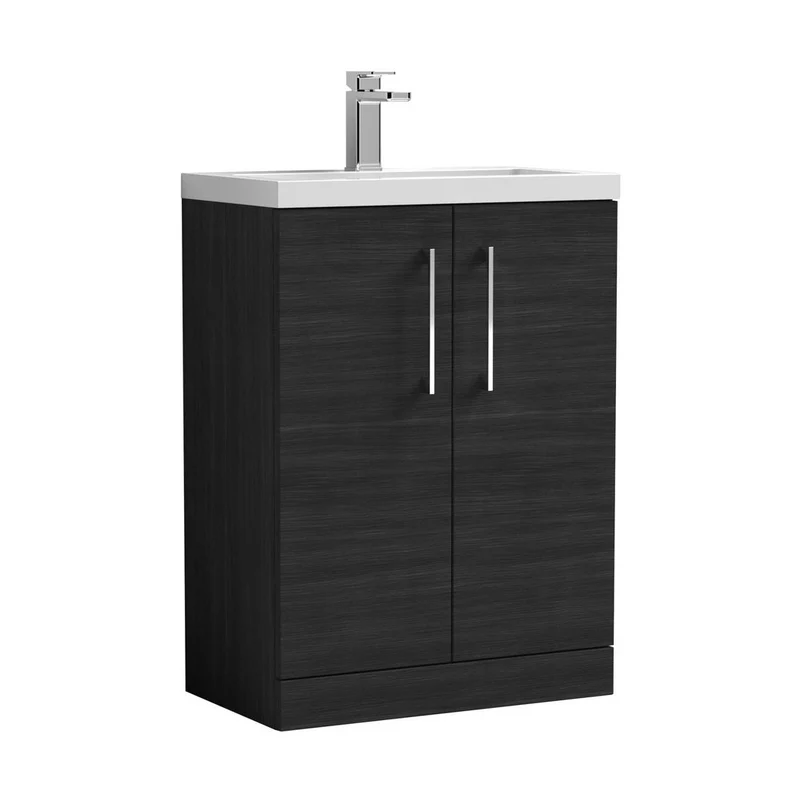 Nuie Arno Compact 600mm Floor Standing 2 Door Vanity & Polymarble Basin Contemporary Charcoal Black MFC Textured Woodgrain 840x603x353mm
