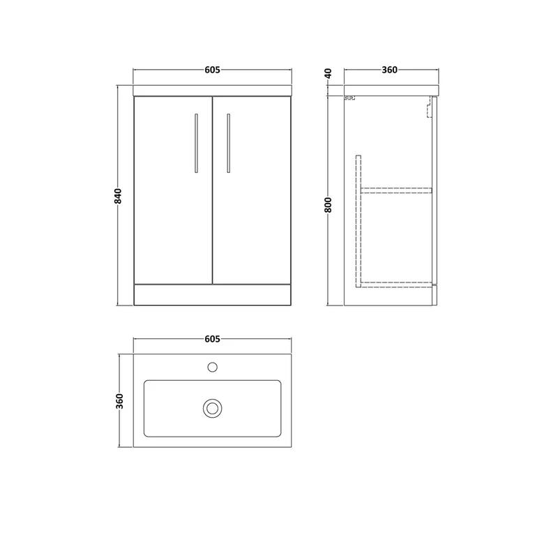 Nuie Arno Compact 600mm Floor Standing 2 Door Vanity & Polymarble Basin Contemporary Charcoal Black MFC Textured Woodgrain 840x603x353mm