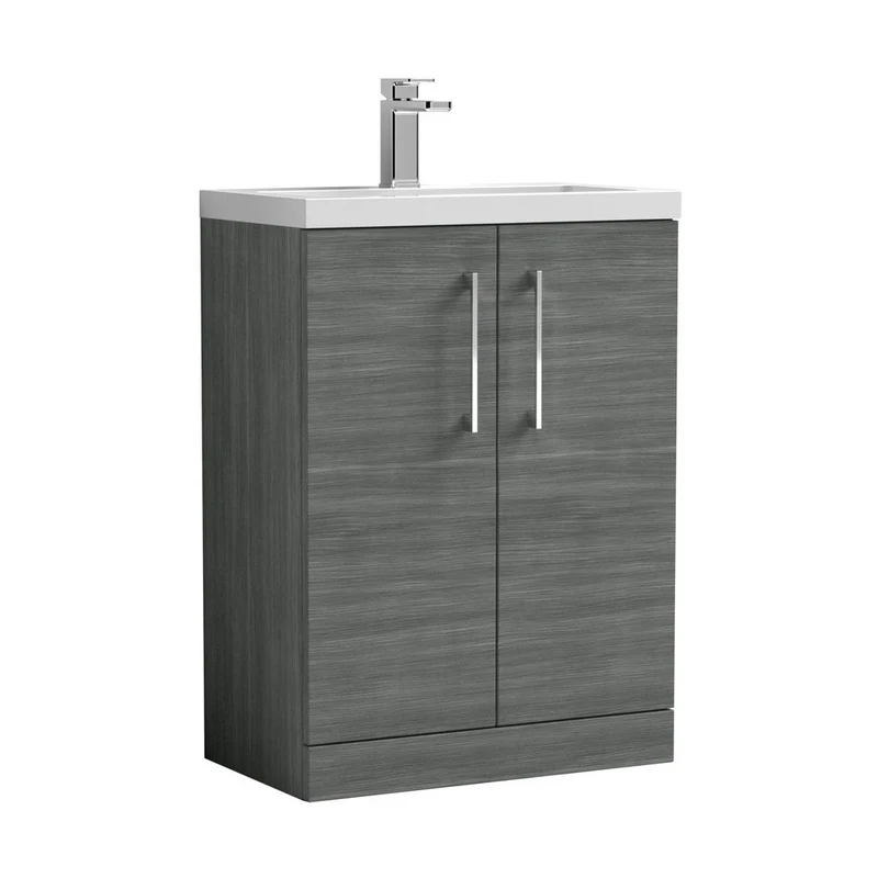 Nuie Arno Compact 600mm Floor Standing 2 Door Vanity & Ceramic Basin Contemporary Anthracite Woodgrain MFC Textured Woodgrain 840x510x360mm