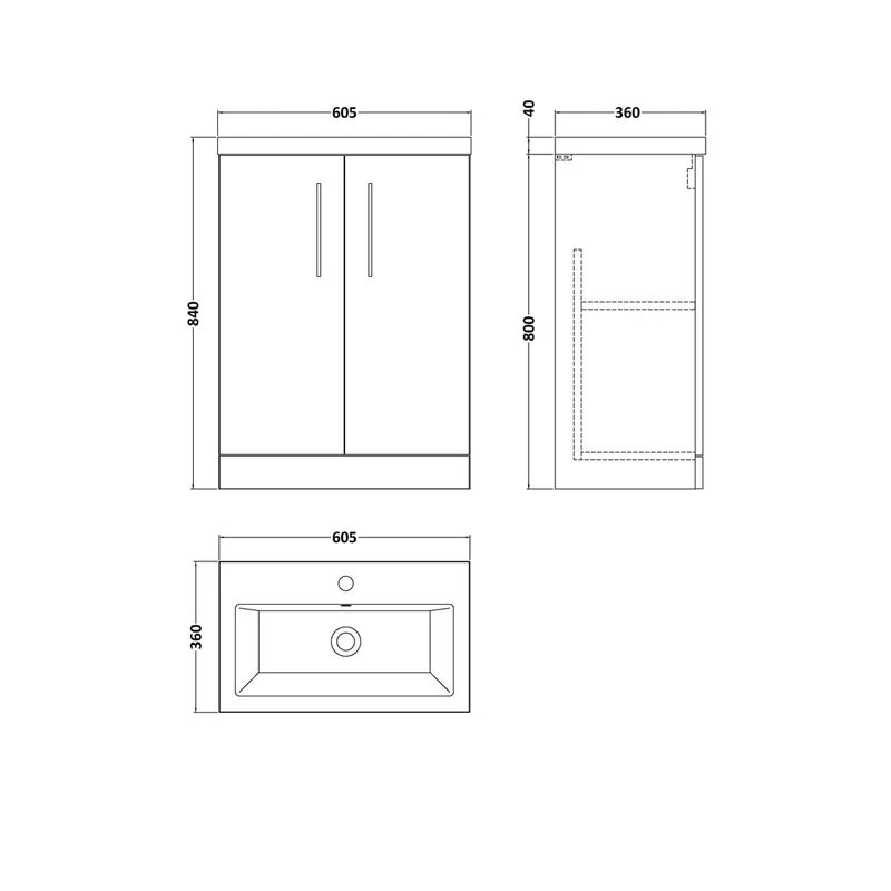 Nuie Arno Compact 600mm Floor Standing 2 Door Vanity & Ceramic Basin Contemporary Anthracite Woodgrain MFC Textured Woodgrain 840x510x360mm