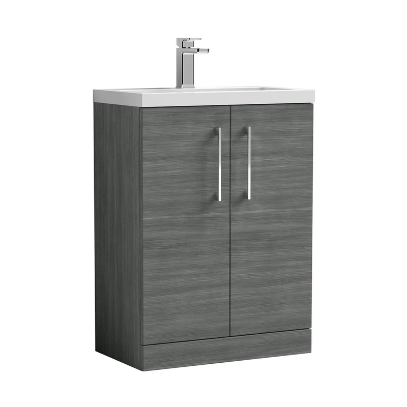 Nuie Arno Compact 600mm Floor Standing 2 Door Vanity & Polymarble Basin Contemporary Anthracite Woodgrain MFC Textured Woodgrain 840x503x353mm