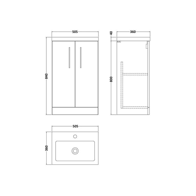 Nuie Arno Compact 500mm Floor Standing 2 Door Vanity & Polymarble Basin Contemporary Anthracite Woodgrain MFC Textured Woodgrain 840x503x353mm