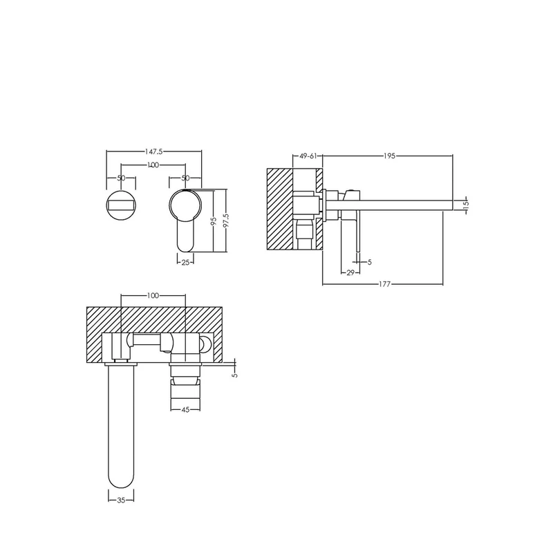 Nuie Arvan Wall Mounted 2 Tap Hole Basin Mixer Contemporary Chrome Brass,plastic 95x147x195mm