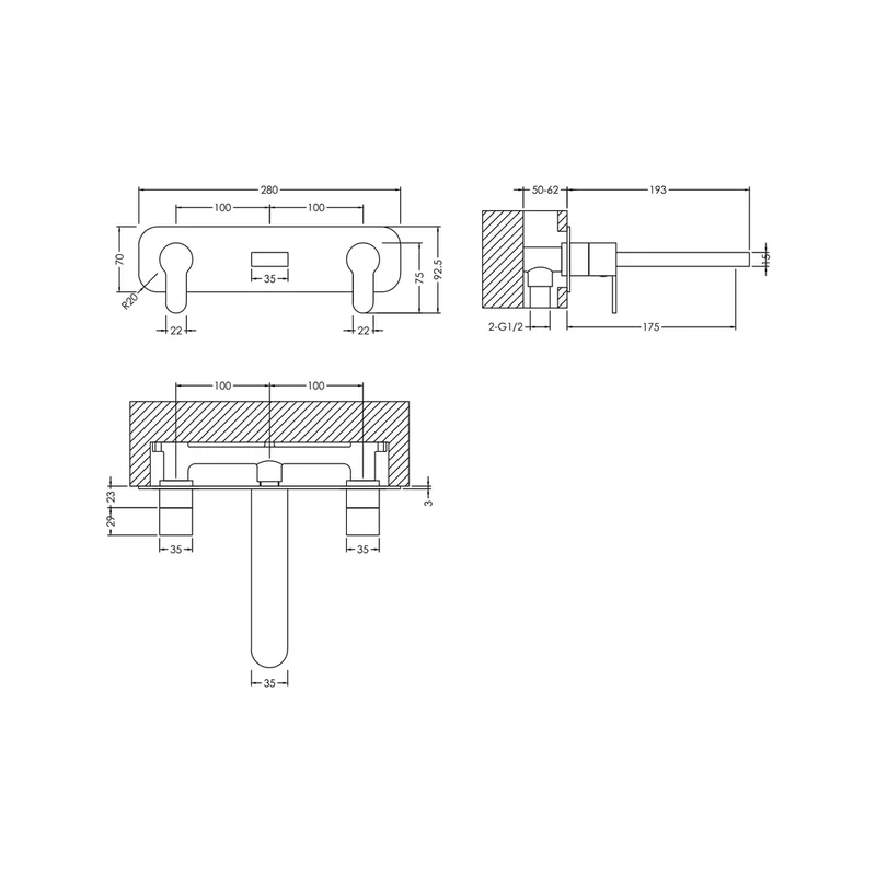 Nuie Arvan Wall Mounted 3 Tap Hole Basin Mixer With Plate Contemporary Chrome Brass 92x280x193mm