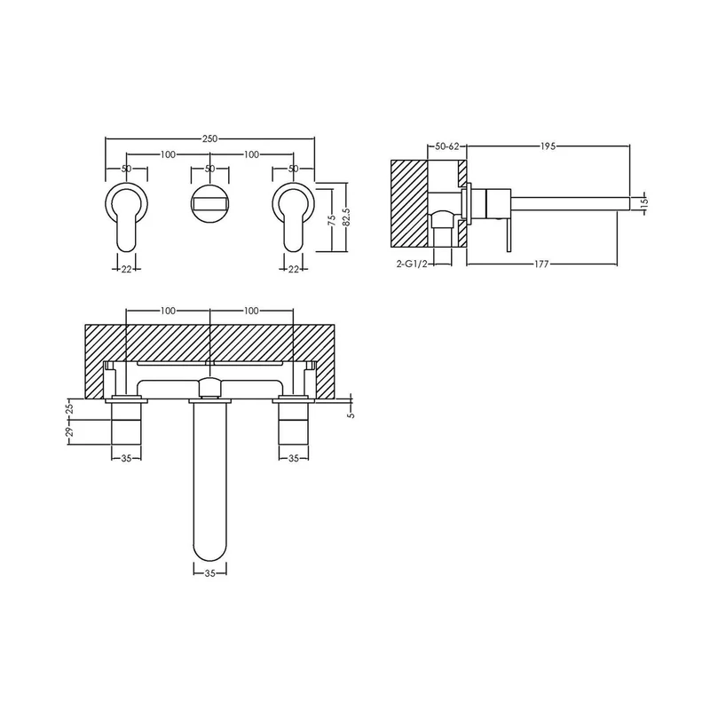 Nuie Arvan Wall Mounted 3 Tap Hole Basin Mixer Contemporary Chrome Brass 75x245x195mm