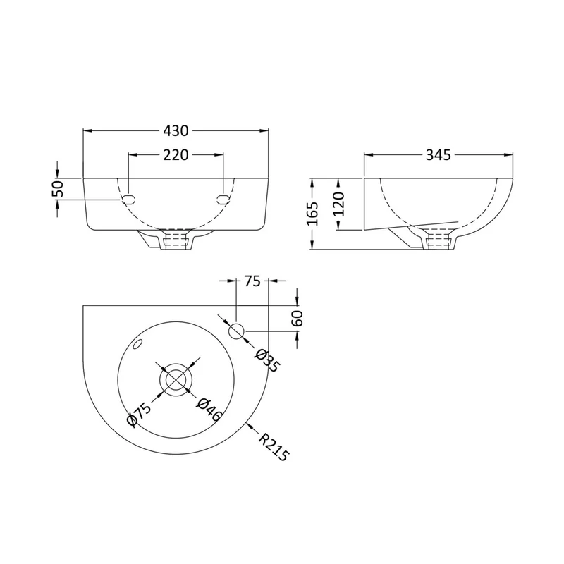 Nuie Melbourne 450mm Wall Hung Basin Contemporary White Vitreous China 165x430x345mm