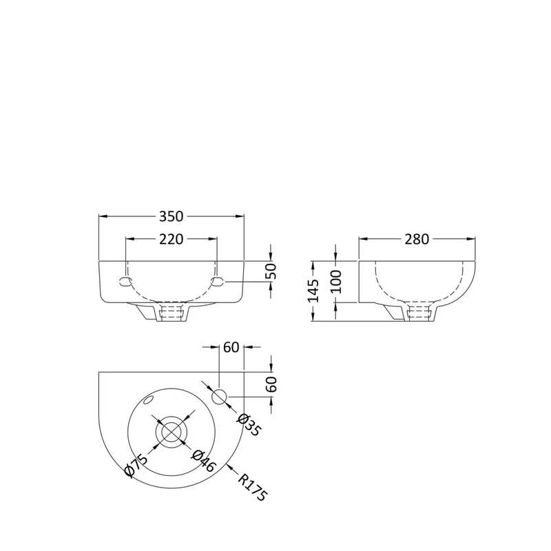 Nuie Melbourne 350mm Wall Hung Basin Contemporary White Vitreous China 145x350x280mm