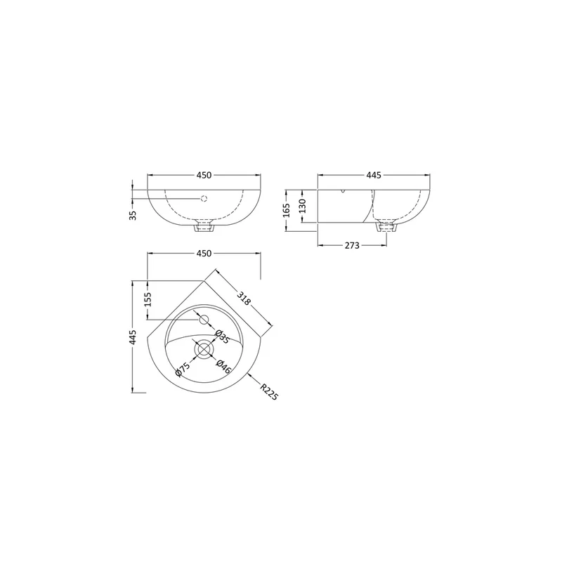 Nuie Melbourne Corner Wall Hung Basin Contemporary White Vitreous China 165x450x445mm