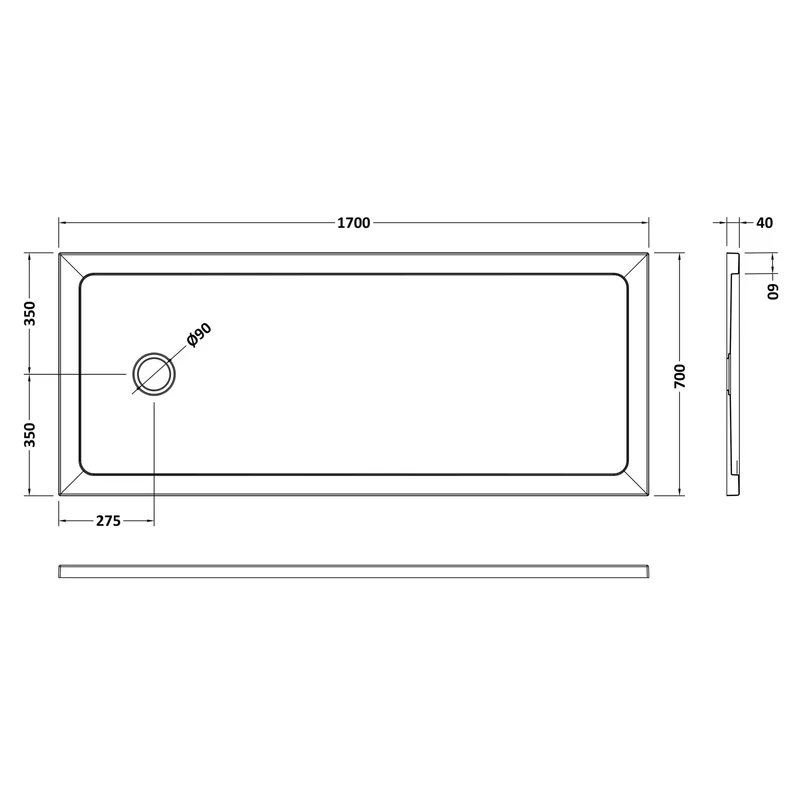 Stone Resin 40mm Rectangular Shower Tray 1700 x 700mm With End Waste