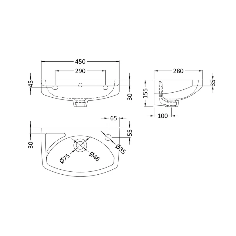 Nuie Melbourne 450mm Wall Hung Basin Contemporary White Vitreous China 155x450x280mm