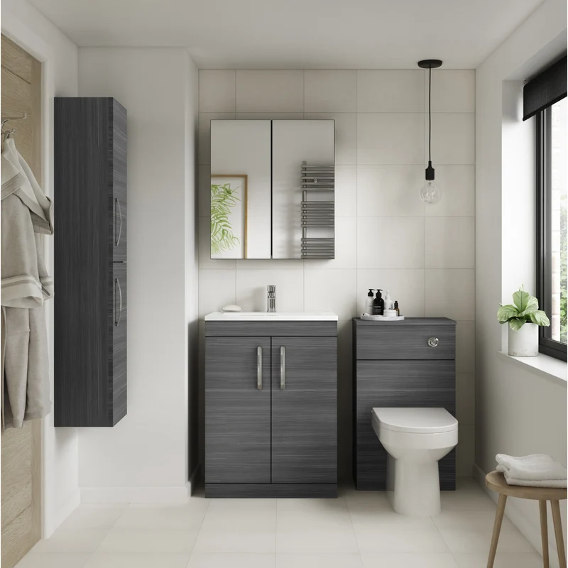 Cape 600mm Floor Standing 2 Door Vanity Unit & Thin Edge Basin - Anthracite Woodgrain