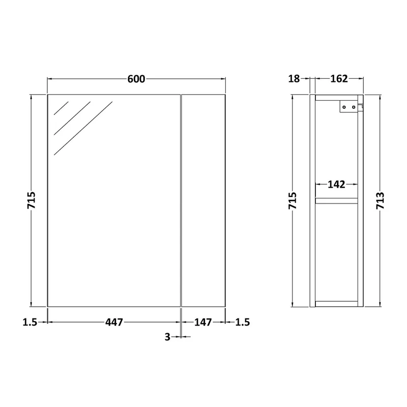 Cape 600mm Mirror Cabinet With 1 Small Door and 1 Large Door - Gloss Grey