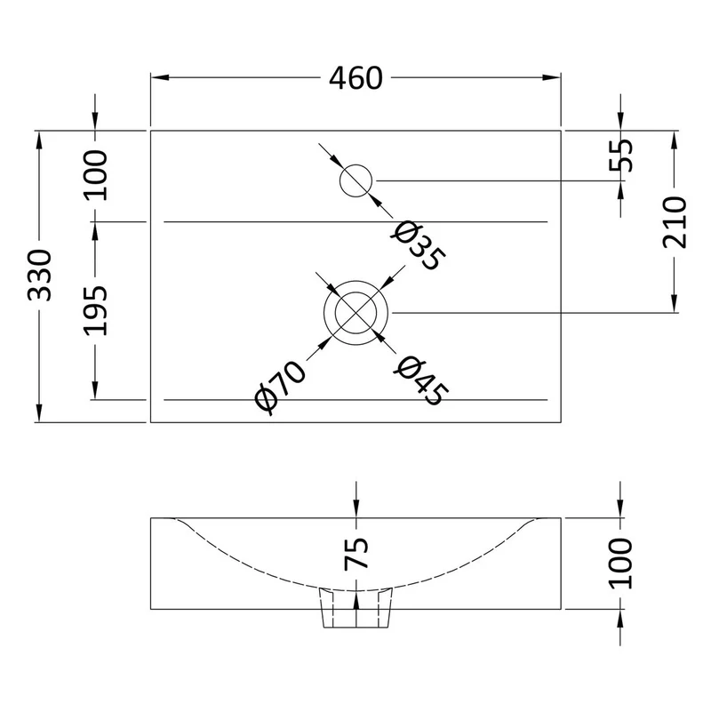 Cape Rectangular 460mm Countertop Basin With Tap Hole