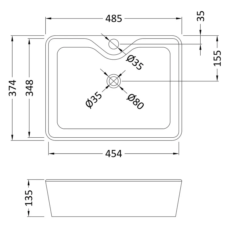 Como Rectangular 485mm Countertop Basin With Tap Hole