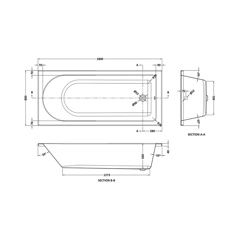 Nuie Barmby Eternalite Round Single Ended Bath 1800 X 800mm Contemporary White Acrylic Eternalite