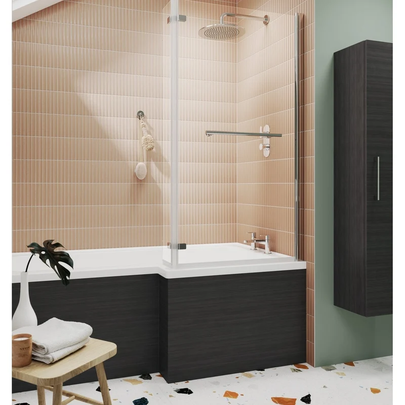 Nuie L-shaped Bath Screen Hinged With Rail Contemporary Chrome Aluminium 1416x815x38mm