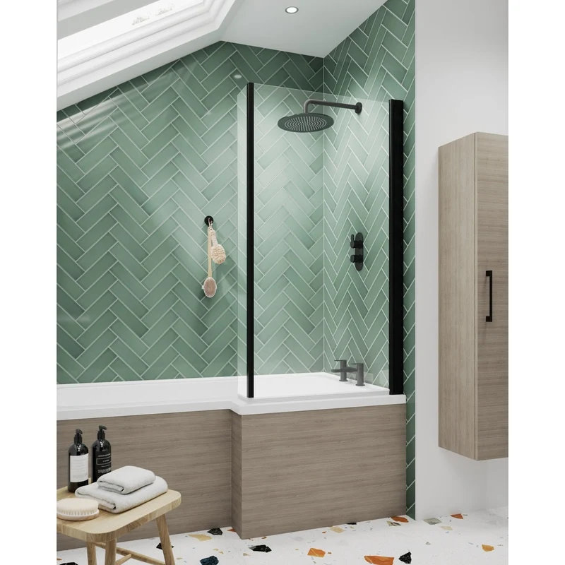 Nuie Square Bath Screen With Fixed Return Contemporary Matt Black Aluminium 1430x795x150mm