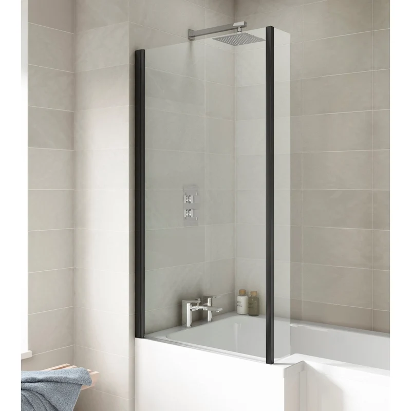Nuie Square Bath Screen With Fixed Return Contemporary Matt Black Aluminium 1430x795x150mm