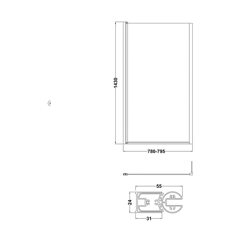 Nuie Square Bath Screen With Fixed Return Contemporary Matt Black Aluminium 1430x795x150mm