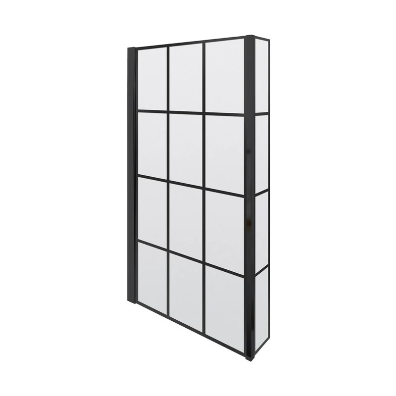 Nuie Square Black Framed Bath Screen With Fixed Return Contemporary Matt Black Aluminium 1430x795x150mm