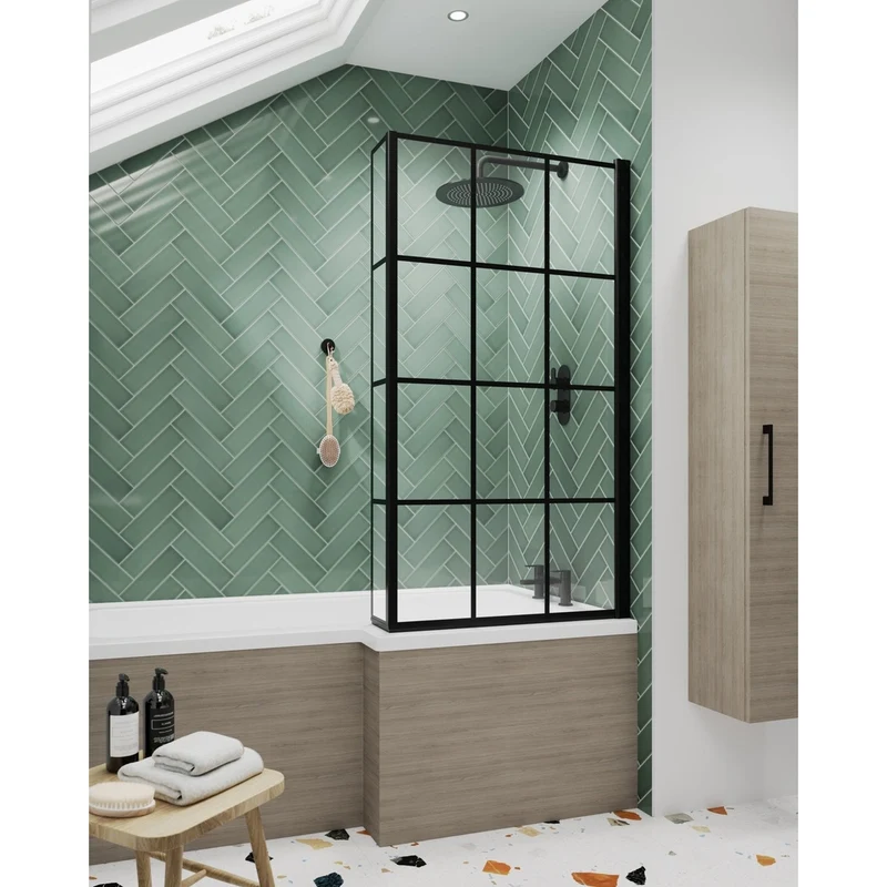 Nuie Square Black Framed Bath Screen With Fixed Return Contemporary Matt Black Aluminium 1430x795x150mm