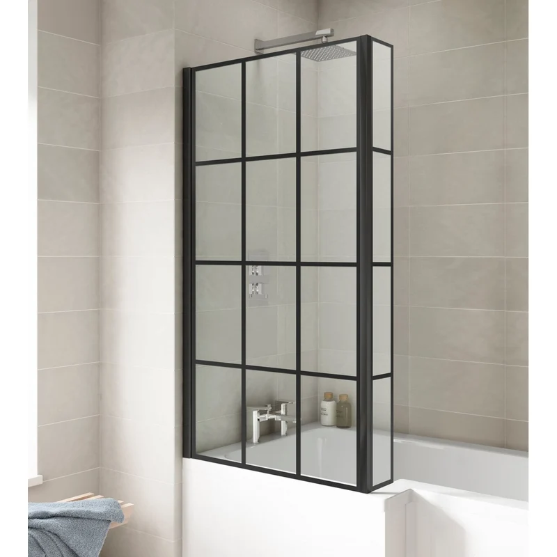 Nuie Square Black Framed Bath Screen With Fixed Return Contemporary Matt Black Aluminium 1430x795x150mm