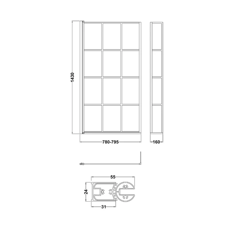 Nuie Square Black Framed Bath Screen With Fixed Return Contemporary Matt Black Aluminium 1430x795x150mm