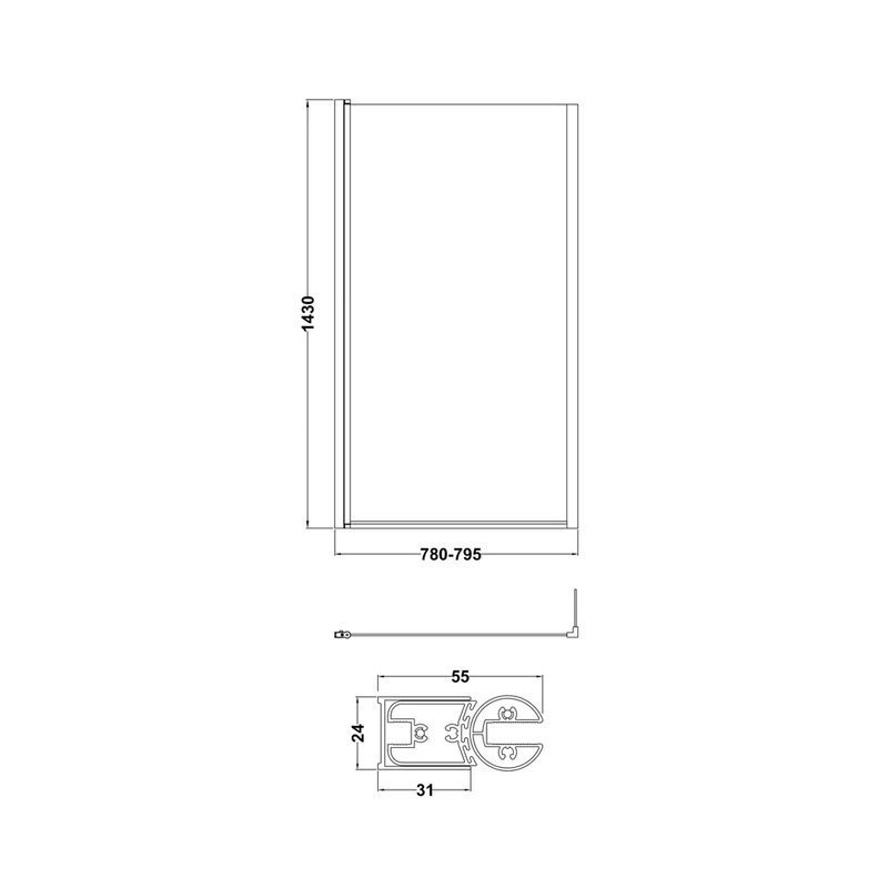 Nuie Square Fixed Bath Screen With Fixed Return - 6mm Contemporary Brushed Brass Aluminium 1430x795x150mm