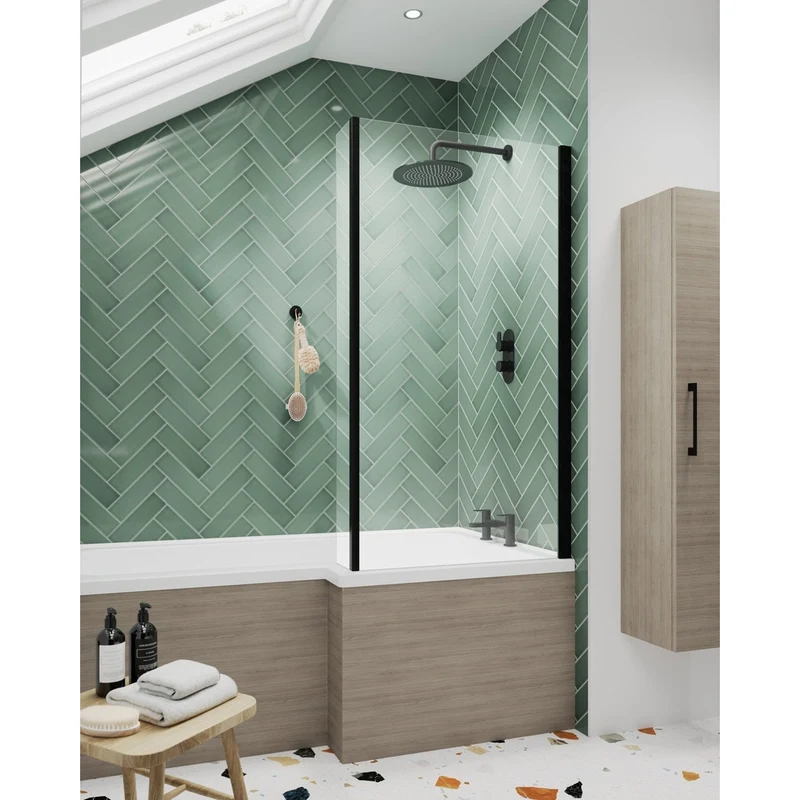 Nuie Square Bath Screen With Fixed Return Contemporary Matt Black Aluminium 1400x815x38mm
