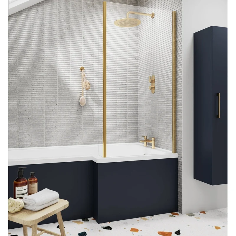 Nuie Square Bath Screen With Fixed Return Contemporary Brushed Brass Aluminium 1400x815x38mm