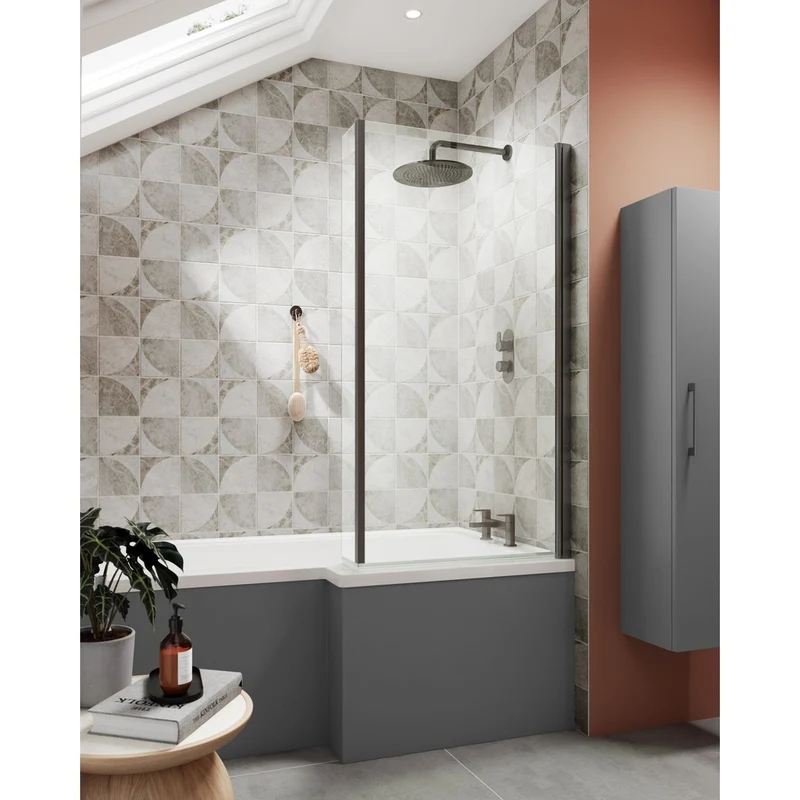 Nuie Square Fixed Bath Screen With Fixed Return - 6mm Contemporary Brushed Pewter Aluminium 1400x815x38mm