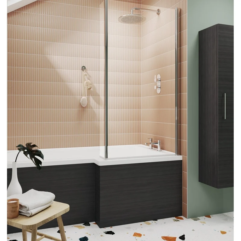 Nuie L-shaped Fixed Bath Screen Contemporary Chrome Aluminium 1400x815x150mm