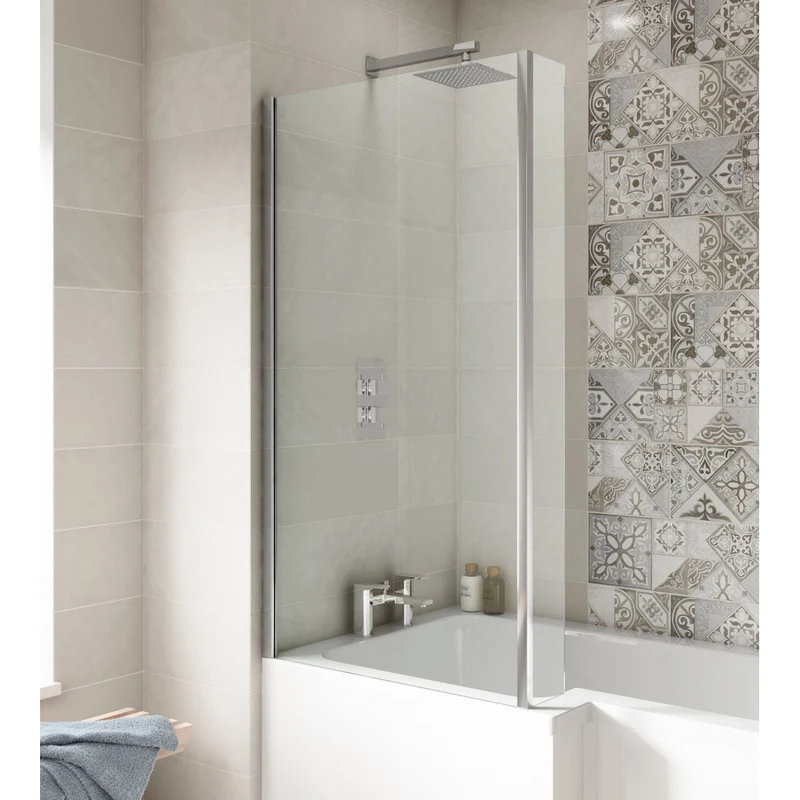Nuie L-shaped Fixed Bath Screen Contemporary Chrome Aluminium 1400x815x150mm